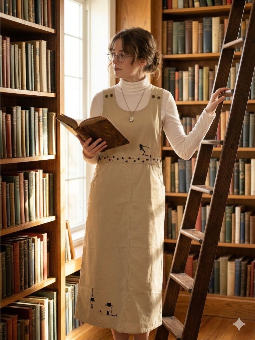 Vintage 90s Cat Embroidered Jumper Dress Khaki Cotton Maxi Pinafore Kitty Large